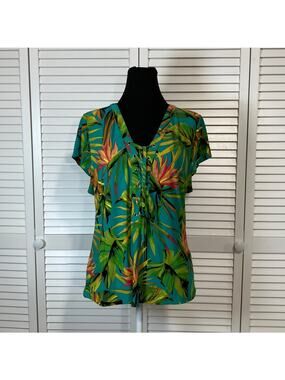 I.N.C. International Concepts Boho Retro Green Tropical Lace-Up Front Blouse L